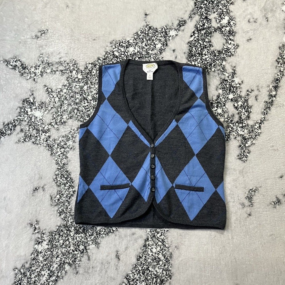 Vintage Talbots Sweater Womens Size Medium P Blue Grey‎ Argle Vest Merino Wool